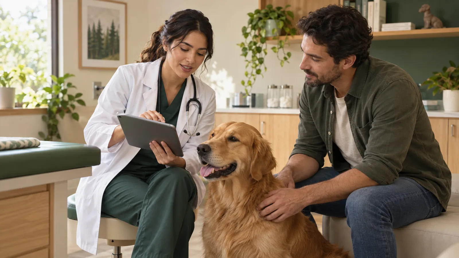 Veterinaria y tutor revisando juntos información sobre el cuidado de un perro.