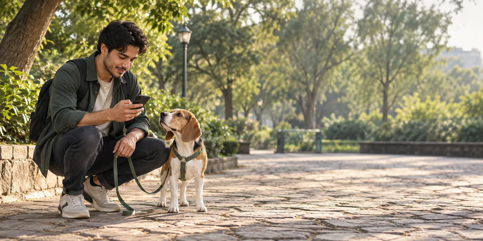 Tutor consultando desde el teléfono la información de cuidado de su perro durante un paseo.
