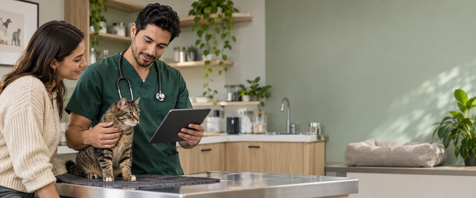 Veterinario consultando en una tablet la información de una mascota durante una revisión.